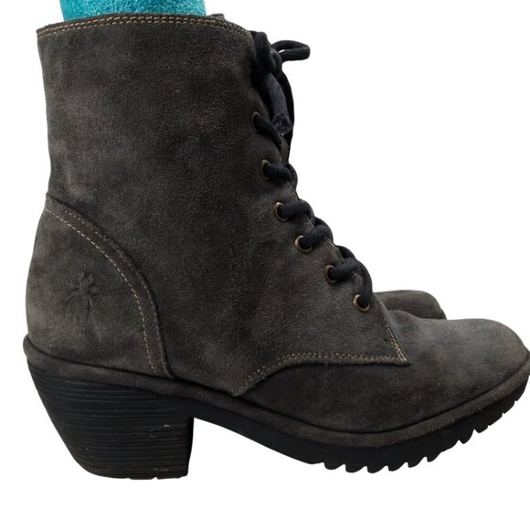 Fly London Suede Gray Woke910Fly Ankle Boots Size 40 US 9-9.5 Lace Up Block Heel - Picture 11 of 13